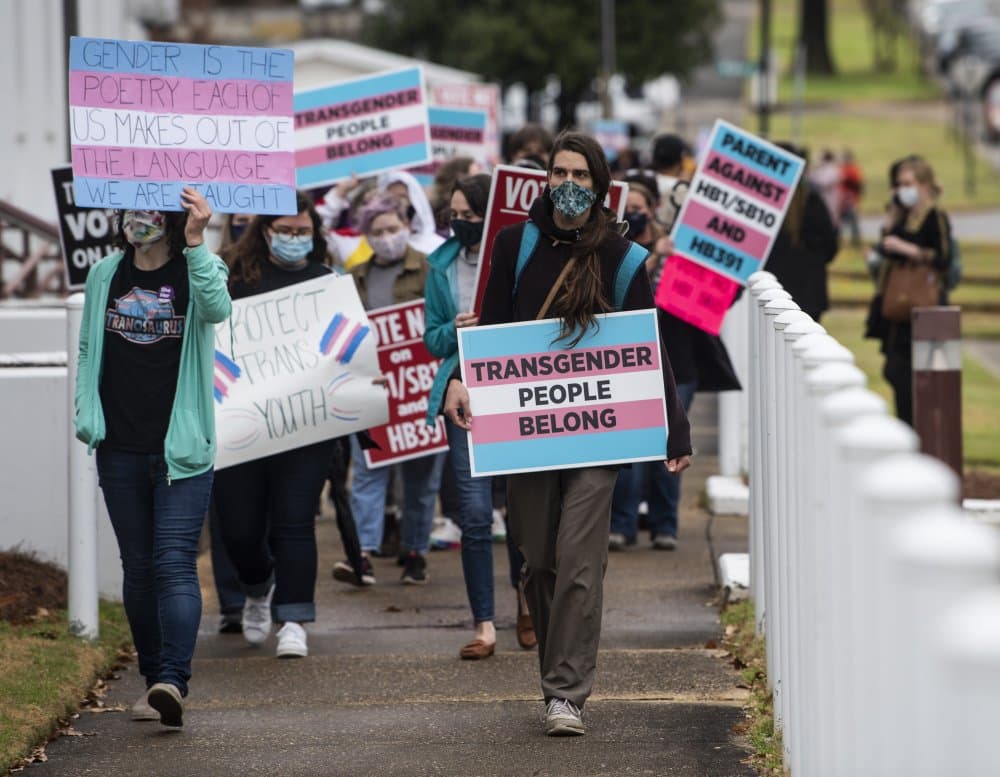 Roditelji i deca protestuju protiv usvajanje predloga zakona i zahtevaju prava za trans osobe ispred senata u Montgomeriju, Alabama, 2. marta, 2021.